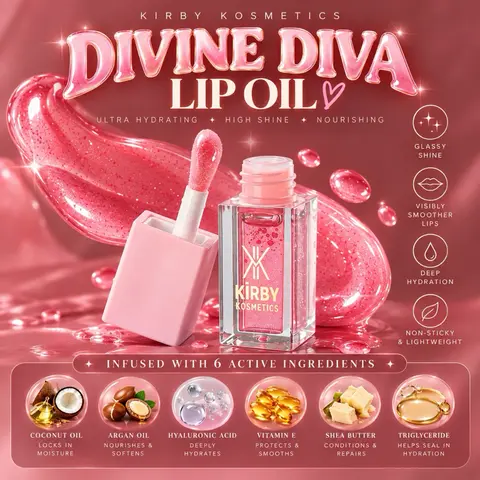 Kirby Kosmetics DivineDiva Lip Oils Gloss Lip Treatment - Coconut Oil, Argan Oil, Shea Butter & Hyaluronic Acid for Deep Moisture and Hydrated Look - Lightweight, Lipstick, Makeup Moisturizer Moisturizing