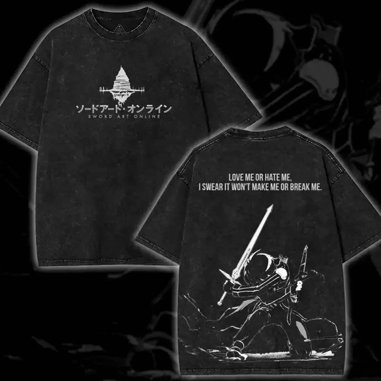 Sword Art Online SAO Kirito The Black Swordsman Japanese Retro Vintage Unisex Oversized Anime Graphic Tee – Trendy Y2K Acid Washed Double Printed Cotton T-Shirt, Outfits for Men, Manga Game, Oversize Shirt, Vintage Outfit, Gift for fan 3WX