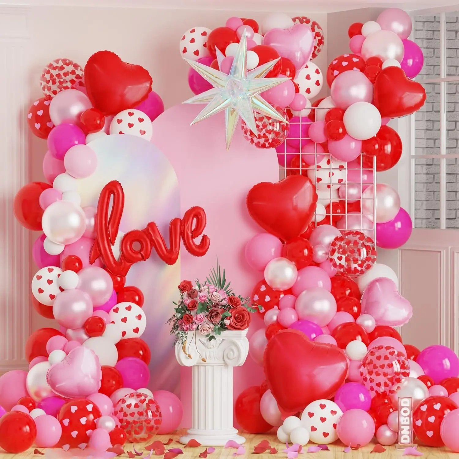 155 count Valentines Day Balloon Arch Kit,Red Pink White Balloon Garland with Iridescent Explosion ,Love Letter,Red Hearts Foil Balloons for Wedding Birthday Galentines Anniversary Party Decorations