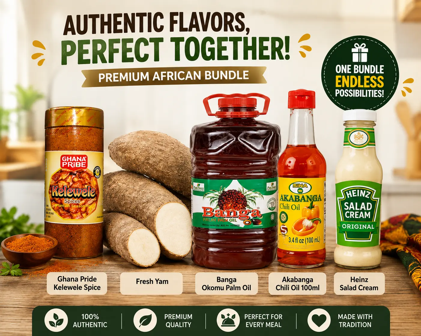 West African Kelewele Cooking Bundle – Ghana Pride Kelewele Spice, Fresh Yam, Banga Palm Oil, Akabanga Chili Oil & Heinz Salad Cream