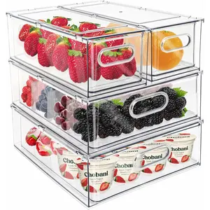Mano Fridge Drawer Pull Out Stackable Bins with Handle Clear Refrigerator Drawers Organizer Container Box with Dividers Produce Saver for Pantry, Cabinet,, Clothes(4Pack)