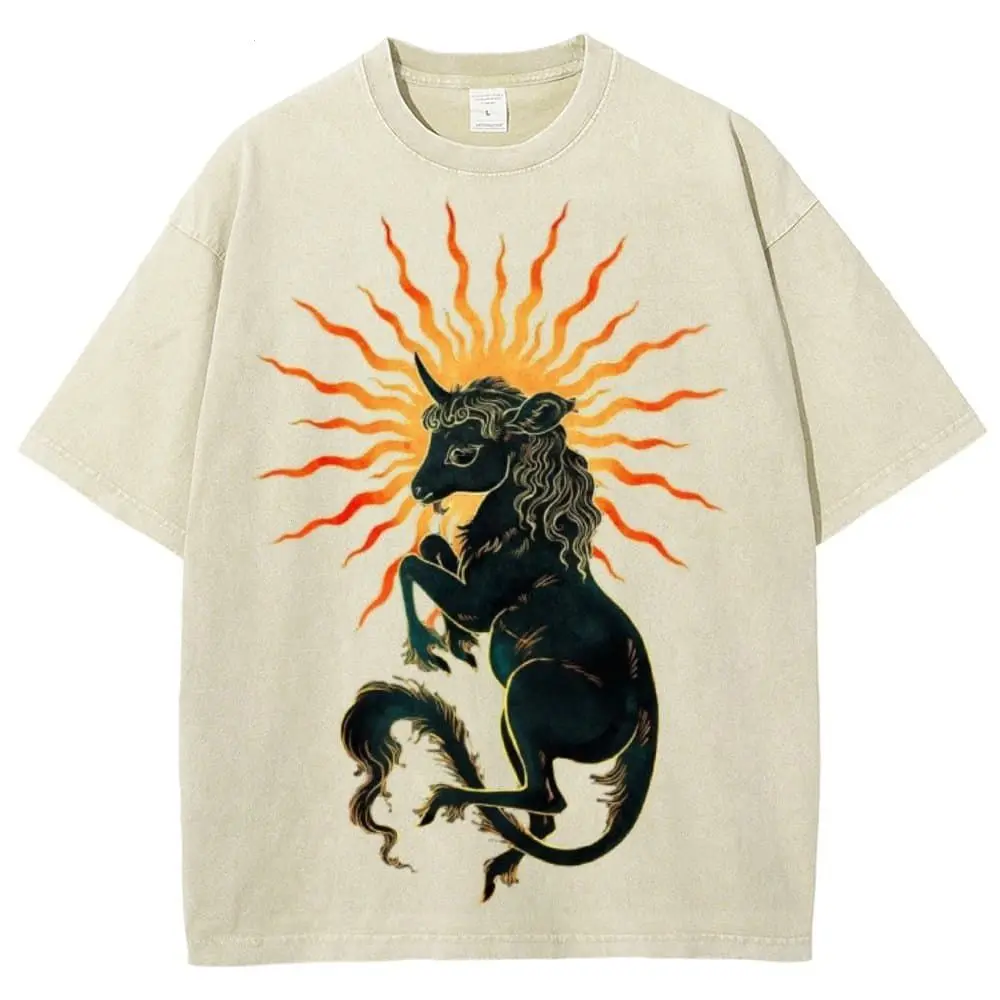 Solar Unicorn Unisex Vintage Washed Tee, Cosmic Unicorn Art Graphic T-Shirt, Fantasy Retro Streetwear