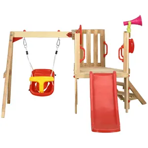 4-in-1 Wooden Swing Set for Garden - Includes Swing, Slide, Horn, Steering Wheel, Red Pool Ladder (Home Improvement Outdoor Play Equipment)