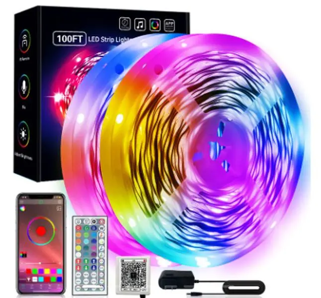 Smart RGB LED Strip Lights 100FT,Music Sync LED Lights Strip with Built‑in Mic,App & 44 Keys IR Remote Control,Timing Setting Self‑Adhesive Cuttable LED Lights for Bedroom TV Gaming Room Wall Party Indoor Home Decor