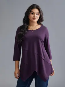 Women's Plus Size Spandex Fabric T-Shirt - Long Sleeve Garment, Minimalist Basic Fit, Asymmetrical Hem Overlap Design, Sizes M-6X, 2026 Summer Vibes Swimweek Womenswear Top,summerwins,Summer wins,Deals for you days