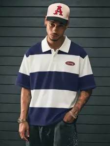 Retro Navy Blue and White Striped Collar T-shirt | Men's loose fit, retro streetwear with printed logo, breathable casual summer T-shirt, suitable for fashionable men