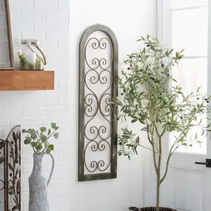 Scroll Brown Wood Arched Window Inspired Home Wall Decor with Metal Scrollwork Relief