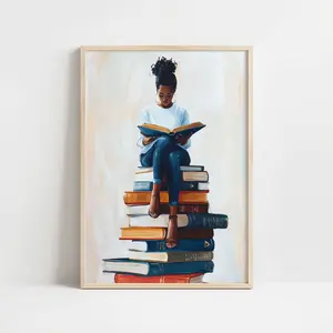Cozy Black Woman Reading Book Art Print, African American Wall Decor for Book Lovers, Black Girl Digital Bookish Poster