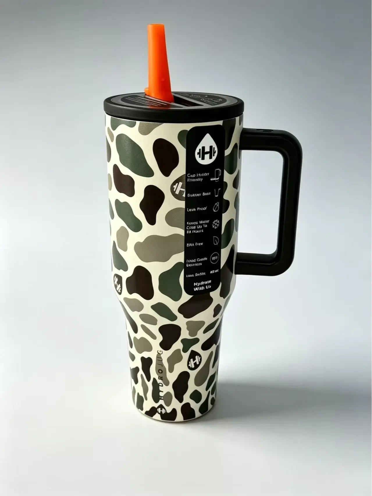 HydroJug 40 oz Stylish Insulated Stainless Steel Flask - Leopard/Cow Print Options, 1000-2000 ml Leakproof Insulated Water Cup, Travel Use Tumbler with Handle, Straw, 24-Hour Cold Retention, Portable Drinkware