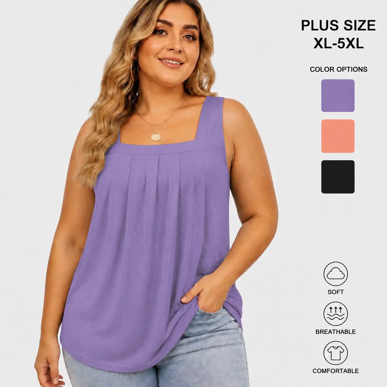 Women's Plus Size Sleeveless Tank Tops - Chic Square Neck Basic Modest Tunic, Breathable Flowy Pleated Spandex Blend, Loose-Fit for Casual & Holiday Wear
