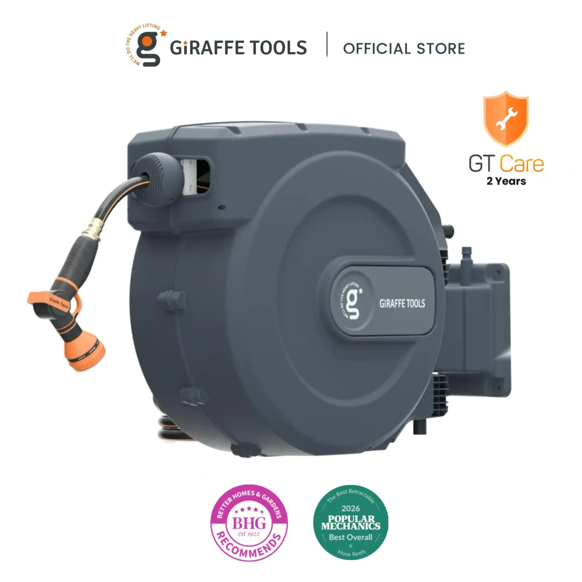 【FallDealsForYou】Giraffe Tools Heavy Duty Kink Resistant Wall Mounted Garden Hose Reel, 115ft+5ft 5/8in Automatic Rewind, 180-Deg Swivel Bracket, Slow Retraction, 9 Adjustable Nozzles, 2-Year Warranty