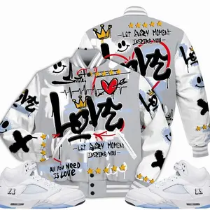 Retro White Metallic 5s Outfits Varsity Jacket, Happy Love Beats Graffiti Outfits Streetwear Unisex Sneaker Matching Shirts
