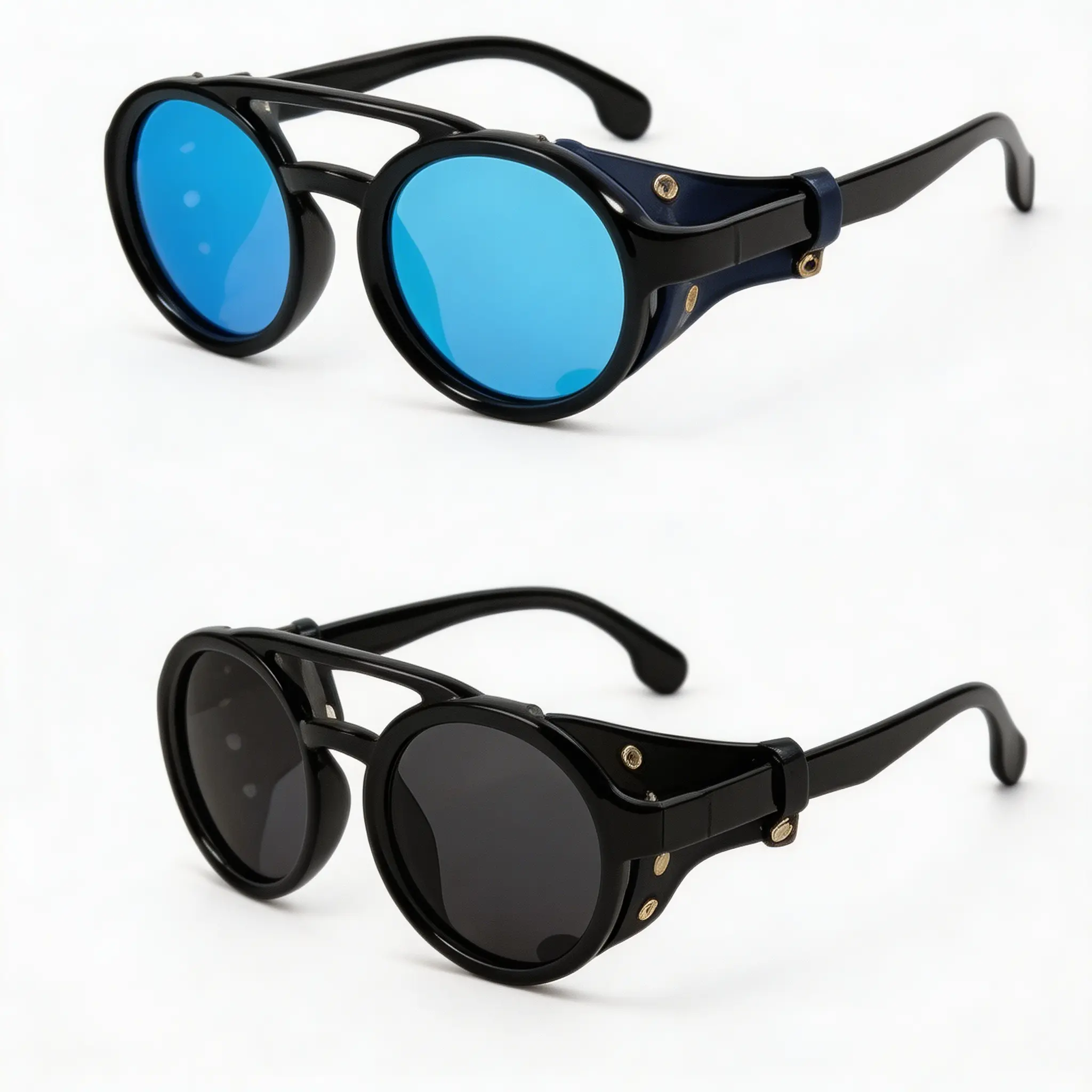 Polarized Round Steampunk Sunglasses with Leather Side Double Bridge Shield Retro Eyewear for Men Women
