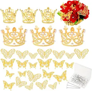 80 PCS Gold Crowns for Flower Bouquets Accessories including 6Pcs Mini Crowns with 24Pcs Butterflies Decoration and 50Pcs Flower Pins for Mother's Day Wedding Birthday Cake Toppers Decor