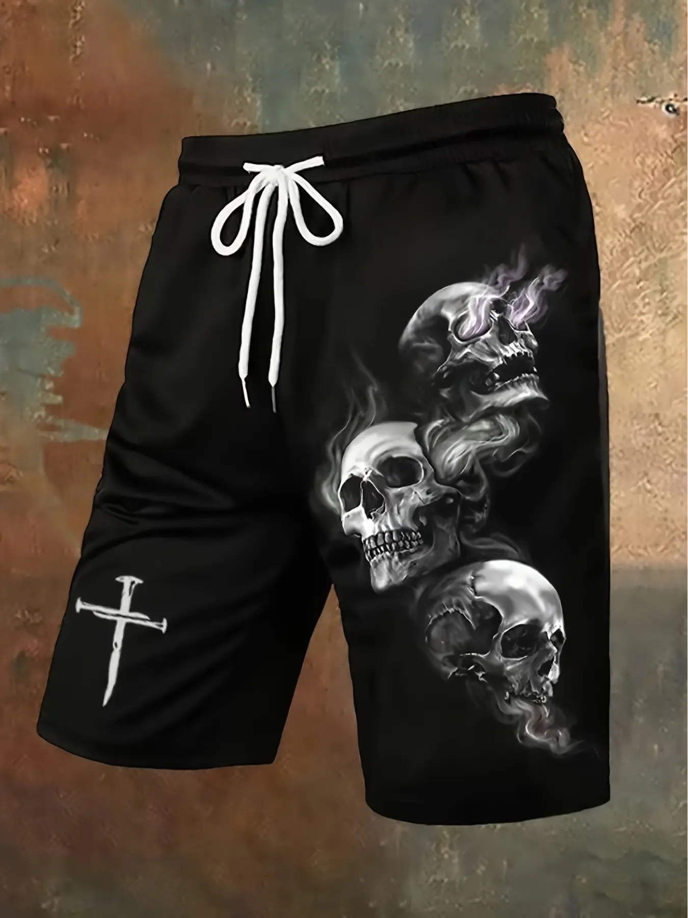 Men's Skull Pattern Casual Shorts, Drawstring Sport Pants, Trendy Graphic Half-Length Pants, Slim-Fitting Above the Knee, Outdoor Workout Shorts, Drawstring Sports Shorts
