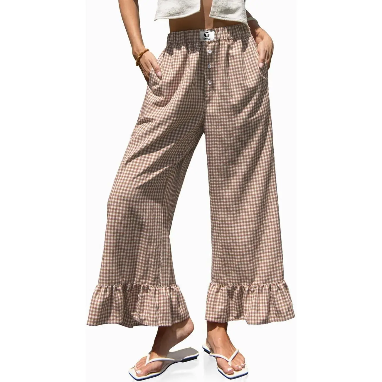 Women’s Plaid Wide Leg Pants Flared Leg Baggy Drawstring Ruffle Palazzo Pants with Pockets