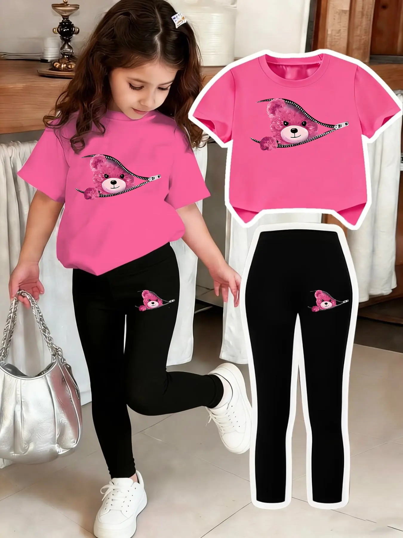 Kids Cartoon Bear Print Set, 2-Piece Girls' T-Shirt and Tight Bottoms, Comfortable Elastic Waist, Casual Spring Summer, Ages 4-12, Round Neck Set, Summer Clothing Set, Clothes Kids