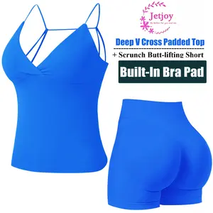 Sports Tank Top Workout Sets for Women 2 Piece, Gym Outfits Seamless Longline Halter Backless Crop Top Scrunch Bum Shorts Tracksuit  Women's 2 Piece Workout Set Backless Halter Top & Scrunch Butt Lift Shorts Seamless Sporty Clothes SpringS
