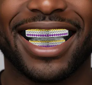 Team Color Silver Iced CZ Teeth Bling Grillz Purple Yellow