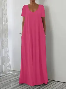 Summer New Long Dress Casual Loose Short Sleeve Pure Color V Neck Slim Fit Dress, Women's Fashion Clothing, Comfortable and Stylish, Solid, Basic, Womenswear, Elegance