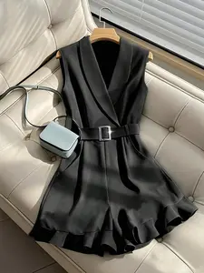 Women's Spring Summer New Minimalist Solid Color Sleeveless Fitted Waist Cinching Belted Jumpsuit, Perfect for Daily Commute Office Wear