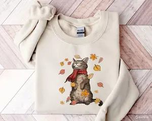 Cats Autumn Fall Sweatshirt, Funny Thanksgiving Sweatshirt, Cat Lovers T-Shirt, Cat Fall Leaves Tree Crewneck, Fall Lover Hoodie Cotton Fabric