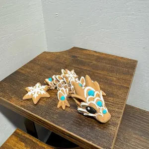 3D Printed Gingerbread Dragon with teal Star Tail Collectible Figurine for Home Decor and Fantasy Enthusiasts