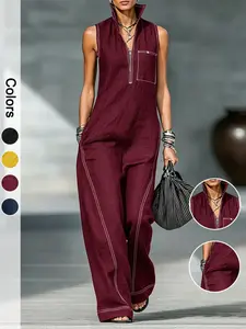 Women's Stand Collar Sleeveless Loose Fit Romper, Summer Colorblock One-Piece, Casual Comfortable Women's Clothing
