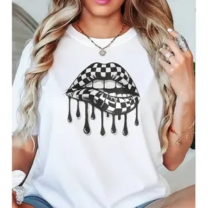 Checkerboard Dripping Lips Graphic Tee, Retro Style Casual Shirt