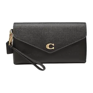 COACH Wyn 27 Solid-Color Snap-Front Wristlet with Interior Zip Pocket and Multiple Card Slots, Textured Leather, Large Size, Women's, Black