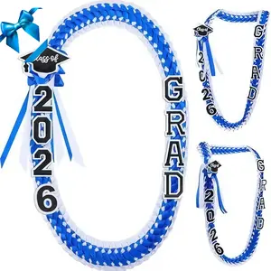 2026 Graduation Lei For Him And Her, Hand-Woven Blue Braided Ribbon Lei With Grad Letters & Cap Charm, Adjustable Money Lei With Safety Pins For Graduation Ceremony Party Favors