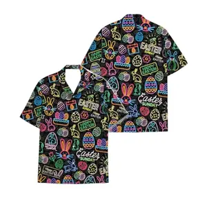 Glow Neon Easter Bunny Hawaiian Shirt, Colorful Rabbit Egg Easter Button Down Shirt, Festive Sunday Party Aloha Shirt for Adults and Youth