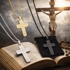 Jesus Faith Cross Necklace, Lord’s Prayer Engraved Pendant, Stainless Steel Christian Necklace for Men & Women, Daily Wear Religious Jewelry Gift