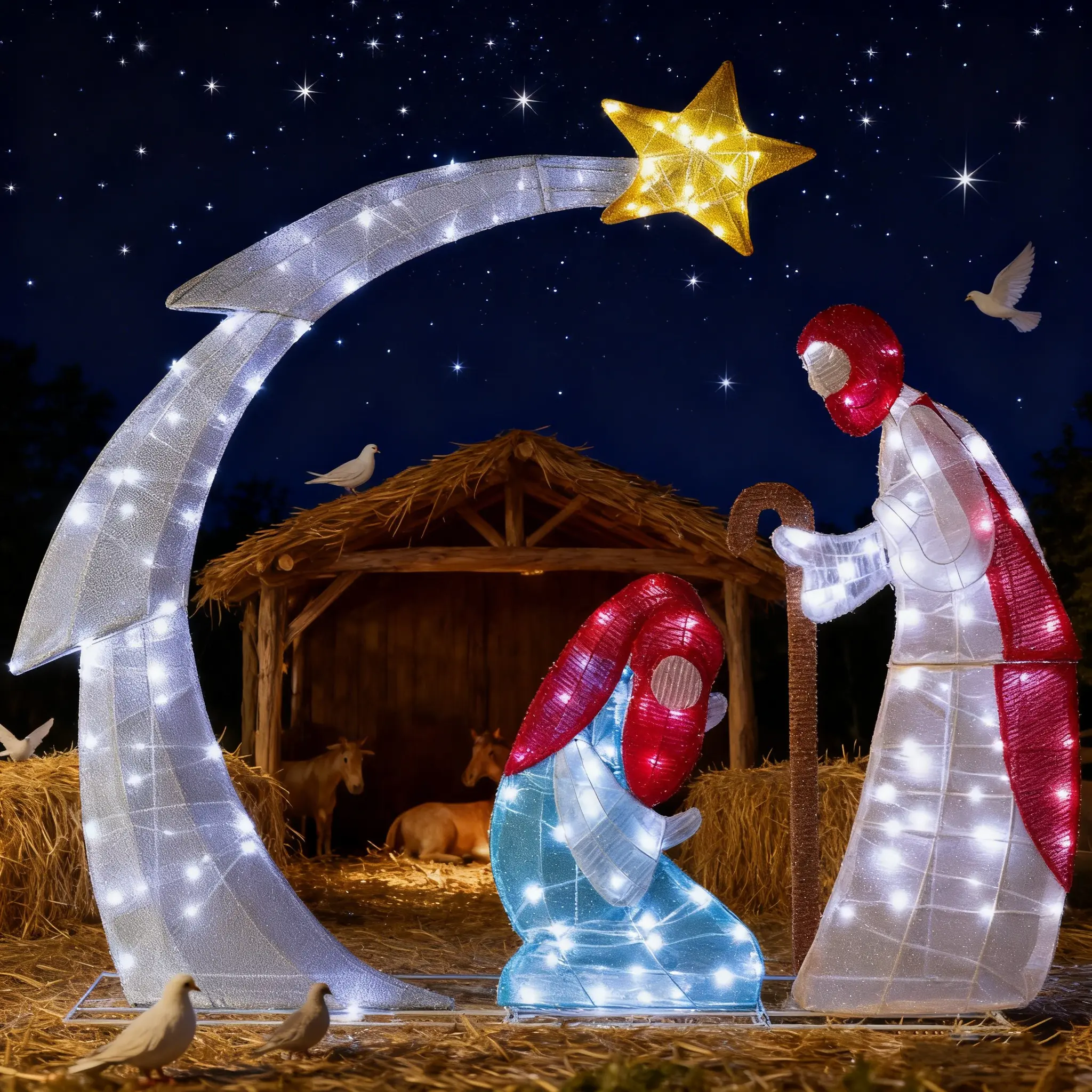 iCapeson 3.7FT LED Lighted Nativity Scene Outdoor Christmas Decor, 170 Warm White Lights with Stable Stakes, Easy Setup & Storage, Waterproof Holy Family Yard Decoration for Garden Lawn Holiday Christmas Eve