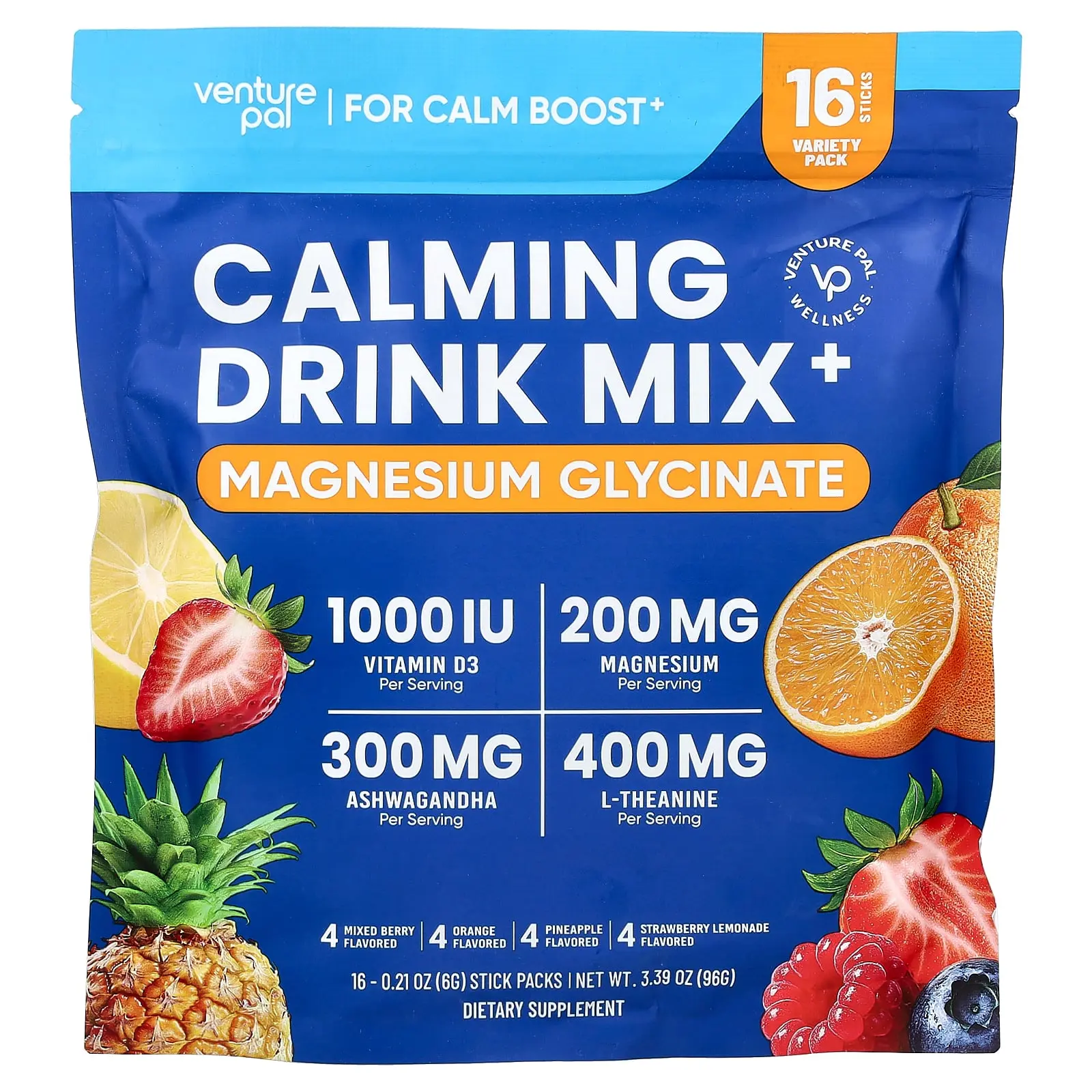 Venture Pal Calming Drink Mix+, Magnesium Glycinate, Variety, 16 Stick Packs, 0.21 oz (6 g) Each
