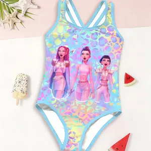 Girls Kpop Demon Hunters One-Piece Swimsuit, Colorful Leopard Pattern Cross Back Strap Sleeveless Swimwear, Casual Fashion Beach Pool Water Sports Swimsuit Style Swimwear Outfits