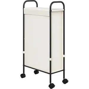 Slim Laundry Hamper with Lid, 50L Small Rolling Laundry Basket on Wheels, 7.9" Narrow Dirty Cloth Cart with Removable Inner Bag for Small Bathroom, Bedroom, Creamy