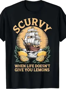 Men's Funny "Scurvy When Life Doesn't Give You Lemons" T-Shirt - Humorous Lemon Print Short Sleeve Tee, Comfortable Casual Round Neck Shirt Suitable for Casual Attire, Gym & Gifts, Machine Washable Graphic Apparel