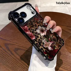 A Leopard Print Cherry Blossom Pattern Phone Case, Electroplated Cover with Airbag Shockproof Soft TPU Cover for iPhone 11 12 13 14 15 16 17 Pro Max Plus Air X Shockproof Protection Soft Silicone Cover Cellphone Protective Smartphone