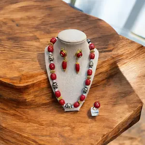 Coral Dzi bead necklace set with Coral Dangle