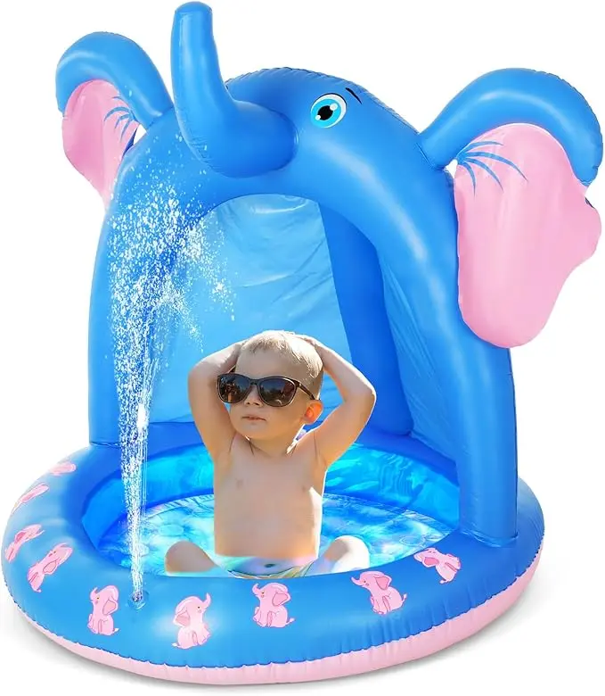 47" Inflatable Baby Pool with Canopy & Water Sprinkler Elephant Kiddie Swimming Pool for Toddlers Soft Cushioned Bottom Built-in Sun Shade Outdoor Indoor Splash Play Center for Babies Kids Boys & Girls