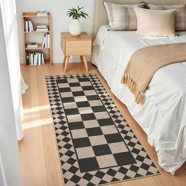 Easy Jute Rugs for Entryway 2x6 Kitchen Runner Rug Non Slip, Modern Checkered Border Washable Rug, Stain Resistant Farmhouse Carpet Non Shedding Foldable Mats for Bedroom, Patio, Black White