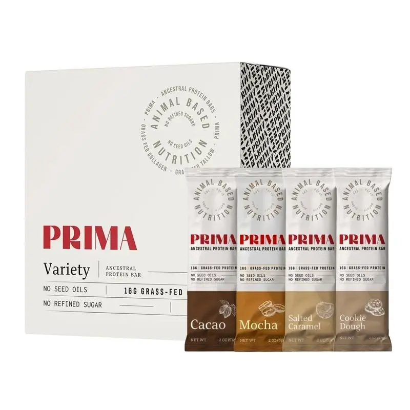 PRIMA ANCESTRAL PROTEIN BAR Grass Fed Protein Bars, 7 Pack – Animal-Based Protein Bar with Beef Tallow, Raw Honey, Seed Oil Free, Low Carb, Gluten-Free – Healthy, Energy Snacks for Clean Lifestyle - Variety Pack