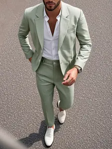 Men's Solid Plain Color Slim Fit Suit Set, Elegant Fashion Wedding Formal Wear Formal Attire Dress Suit, Long Sleeve Button Design, All Seasons Suitable, Menswear