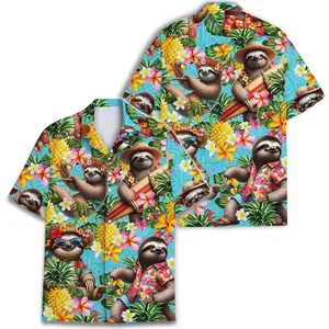 Pineapple Sloth Funny Tropical Hawaiian Shirt Aloha Summer Button Down Short Sleeve Casual Shirt