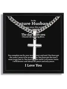 1 piece Valentine's Day gift for future husband silver cross pendant Cuban link chain necklace gift box with blessing card and box