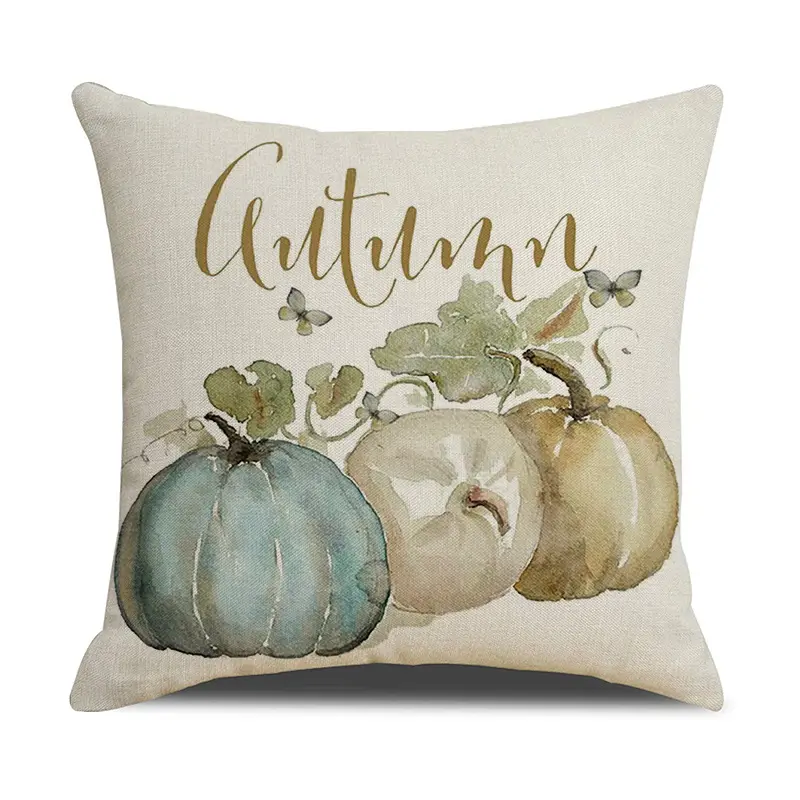 Watercolor Autumn Pumpkin Throw Pillow Cover, Neutral Fall Blue White Pumpkin Cushion Case, Farmhouse Harvest Decorative Linen Pillow Cover for Sofa Home Decor