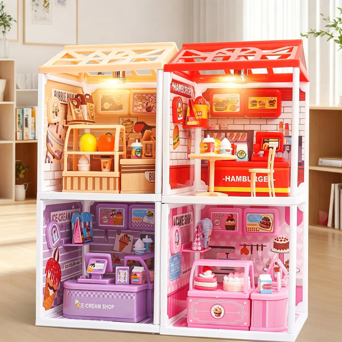 DIY Mini Shop Building Toy Set, Electronic Build Set, Light-Up Burger & Dessert Store Scene, Educational Role-Playing Kit for Kids, Fun Learning Playset, Sturdy Building Set