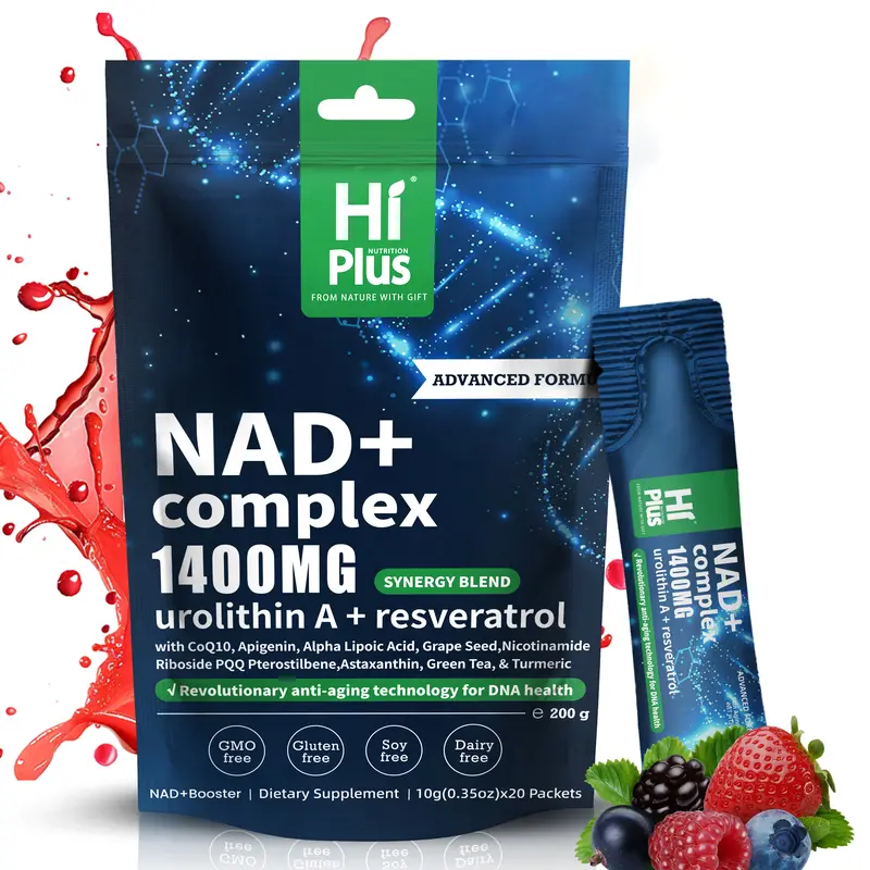 HiPlus NAD Supplement Berry Flavor Drink 1400 mg Urolithin a Extra Strength Liposomal, Green Tea + Astaxanthin for Women & Men, Resveratrol, CoQ10, Alpha Lipoic Acid – Energy Beauty Healthcare Anti-Aging –20 Pockets