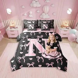 Feelyou 7-Piece Microfiber Bedding Set - Initial Alphabet A-Z N Letter Design, Black Pink Girly Bowknot Love Hearts Aesthetic, Soft Breathable Bedsheet Sets in a Bag for Girls